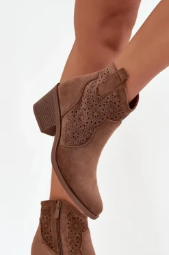 New Damskie buty S.Barski Botki Damskie Ażurowe Na Obcasie S.Barski HY52-529 Brązowe Brązowy