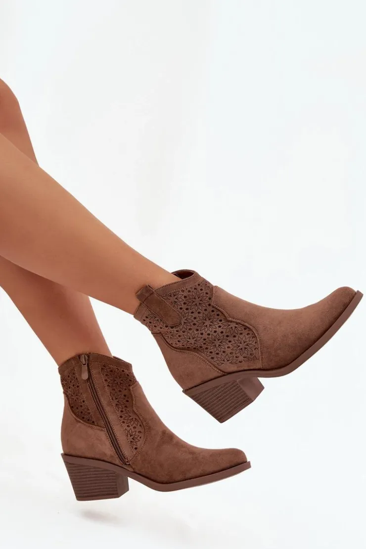 New Damskie buty S.Barski Botki Damskie Ażurowe Na Obcasie S.Barski HY52-529 Brązowe Brązowy