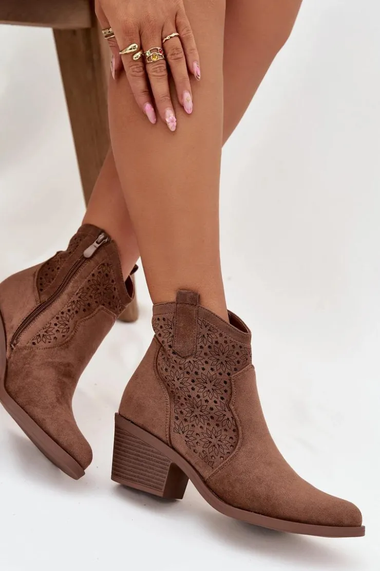 New Damskie buty S.Barski Botki Damskie Ażurowe Na Obcasie S.Barski HY52-529 Brązowe Brązowy