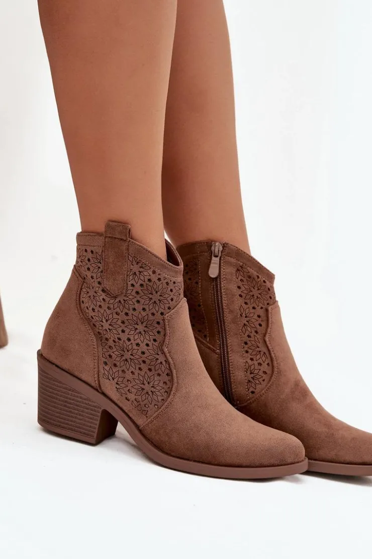 New Damskie buty S.Barski Botki Damskie Ażurowe Na Obcasie S.Barski HY52-529 Brązowe Brązowy