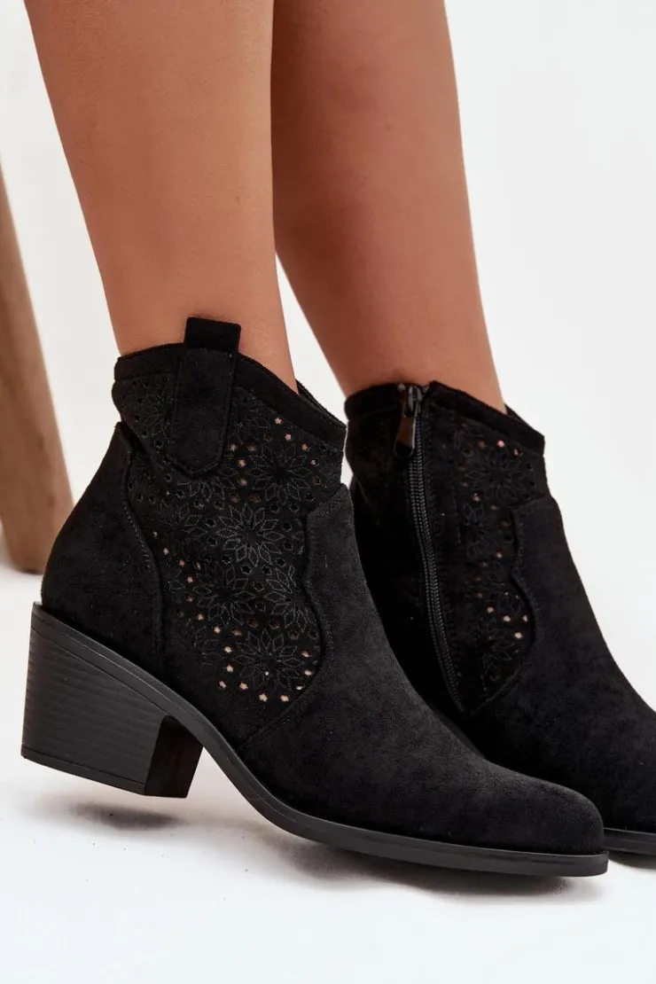 Damskie Damskie buty S.Barski Botki Damskie Ażurowe Na Obcasie S.Barski HY52-529 Czarne