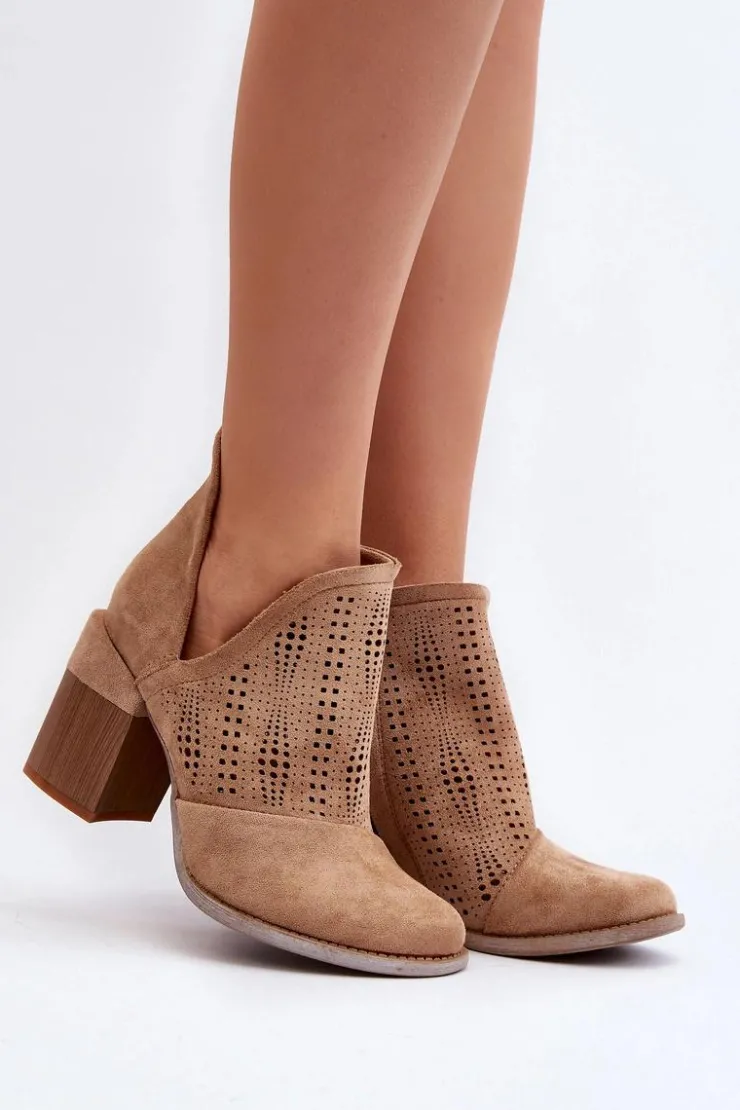 Boto Botki Damskie Ażurowe Na Słupku Beżowe Niartima