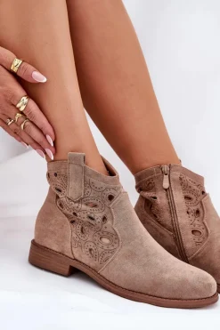 Damskie buty S.Barski Botki Ażurowe|Botki Płaskie*Botki Damskie Ażurowe Na Zamek Beżowe S.Barski HY42-081