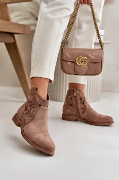 Damskie Damskie buty S.Barski Botki Damskie Ażurowe Na Zamek Brązowe S.Barski HY42-081