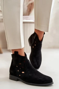 Damskie buty S.Barski Botki Ażurowe|Botki Płaskie*Botki Damskie Ażurowe Na Zamek Czarne S.Barski HY42-081 Czarny