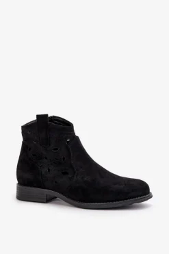 Damskie buty S.Barski Botki Ażurowe|Botki Płaskie*Botki Damskie Ażurowe Na Zamek Czarne S.Barski HY42-081 Czarny