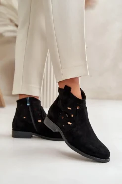 Damskie buty S.Barski Botki Ażurowe|Botki Płaskie*Botki Damskie Ażurowe Na Zamek Czarne S.Barski HY42-081 Czarny