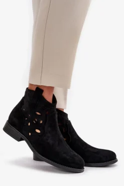 Damskie buty S.Barski Botki Ażurowe|Botki Płaskie*Botki Damskie Ażurowe Na Zamek Czarne S.Barski HY42-081 Czarny