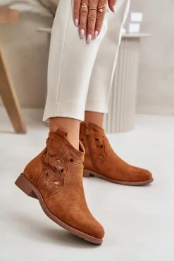 Damskie Damskie buty S.Barski Botki Damskie Ażurowe Na Zamek Camel S.Barski HY42-081