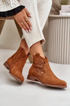 Damskie Damskie buty S.Barski Botki Damskie Ażurowe Na Zamek Camel S.Barski HY42-081