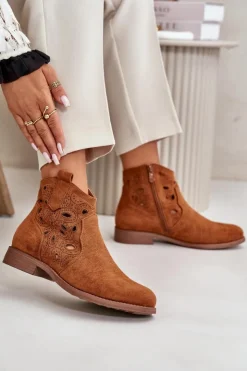 Damskie Damskie buty S.Barski Botki Damskie Ażurowe Na Zamek Camel S.Barski HY42-081