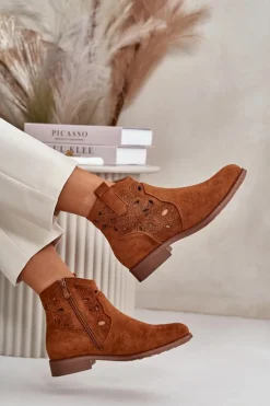 Damskie Damskie buty S.Barski Botki Damskie Ażurowe Na Zamek Camel S.Barski HY42-081