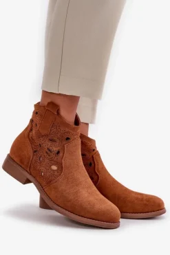 Damskie Damskie buty S.Barski Botki Damskie Ażurowe Na Zamek Camel S.Barski HY42-081