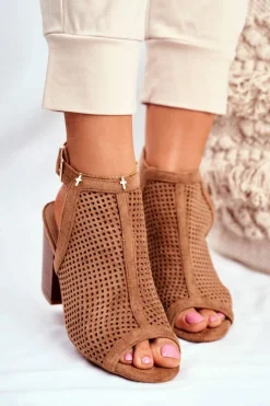 Boto Botki Wiosenne|Botki Na Słupku*Botki Damskie Ażurowe Peep Toe Camel Paradise