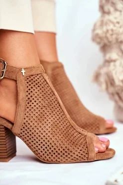 Boto Botki Wiosenne|Botki Na Słupku*Botki Damskie Ażurowe Peep Toe Camel Paradise