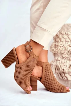 Boto Botki Wiosenne|Botki Na Słupku*Botki Damskie Ażurowe Peep Toe Camel Paradise