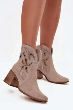 Zazoo Botki Skórzane|Botki Na Słupku*Botki Damskie Ażurowe Z Naturalnego Zamszu Na Słupku 3690 Beżowe Beżowy
