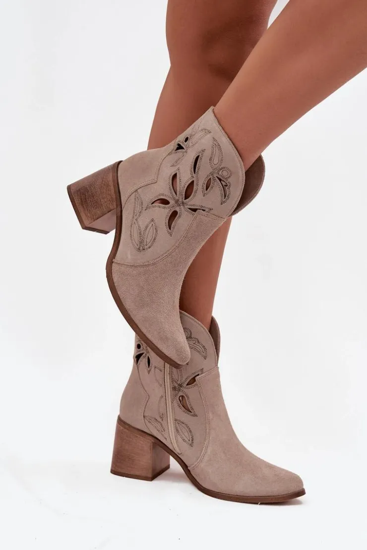 Zazoo Botki Skórzane|Botki Na Słupku*Botki Damskie Ażurowe Z Naturalnego Zamszu Na Słupku 3690 Beżowe Beżowy