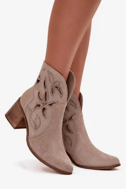 Zazoo Botki Skórzane|Botki Na Słupku*Botki Damskie Ażurowe Z Naturalnego Zamszu Na Słupku 3690 Beżowe Beżowy