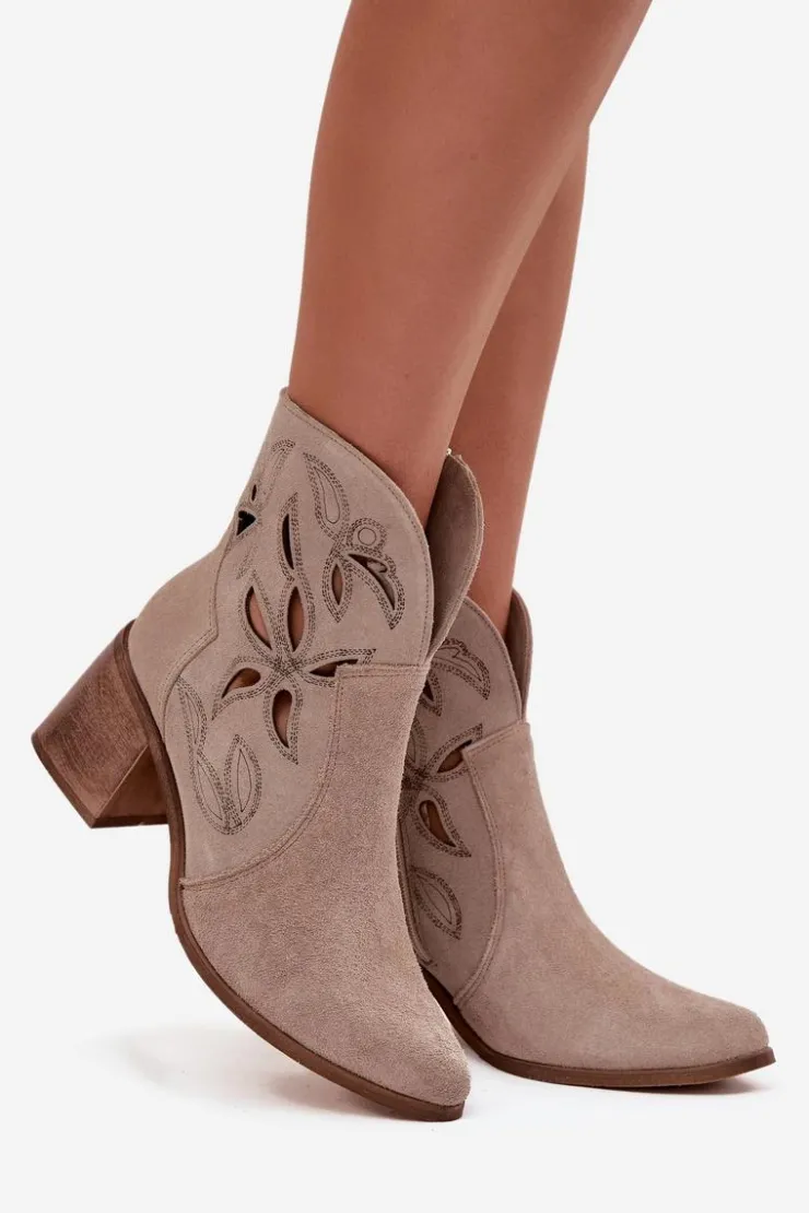 Zazoo Botki Skórzane|Botki Na Słupku*Botki Damskie Ażurowe Z Naturalnego Zamszu Na Słupku 3690 Beżowe Beżowy