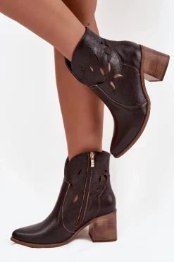 Online Zazoo Botki Damskie Ażurowe Z Naturalnej Skóry Na Słupku 3690 Czekoladowe Brązowy
