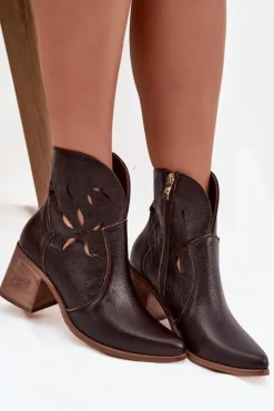 Online Zazoo Botki Damskie Ażurowe Z Naturalnej Skóry Na Słupku 3690 Czekoladowe Brązowy