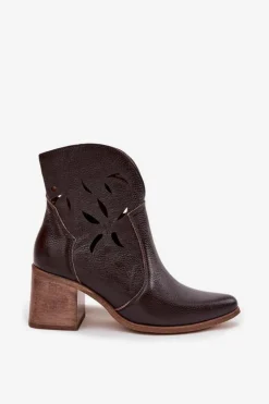 Online Zazoo Botki Damskie Ażurowe Z Naturalnej Skóry Na Słupku 3690 Czekoladowe Brązowy