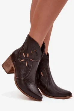 Online Zazoo Botki Damskie Ażurowe Z Naturalnej Skóry Na Słupku 3690 Czekoladowe Brązowy