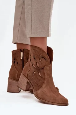 Zazoo Botki Skórzane|Botki Na Słupku*Botki Damskie Ażurowe Z Naturalnego Zamszu Na Słupku 3690 Brązowe Brązowy