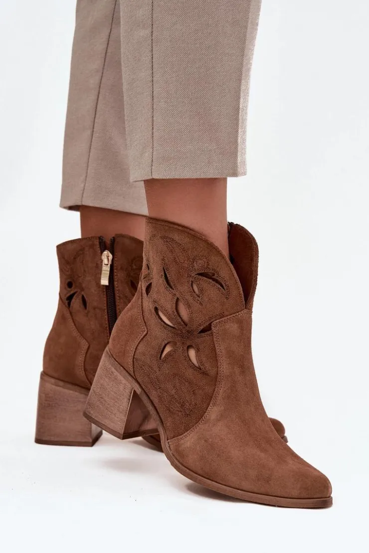 Zazoo Botki Skórzane|Botki Na Słupku*Botki Damskie Ażurowe Z Naturalnego Zamszu Na Słupku 3690 Brązowe Brązowy