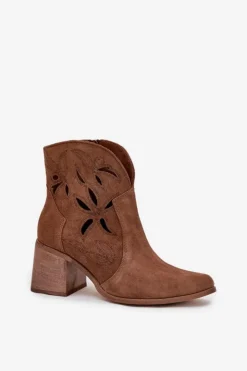 Zazoo Botki Skórzane|Botki Na Słupku*Botki Damskie Ażurowe Z Naturalnego Zamszu Na Słupku 3690 Brązowe Brązowy