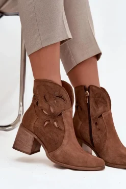 Zazoo Botki Skórzane|Botki Na Słupku*Botki Damskie Ażurowe Z Naturalnego Zamszu Na Słupku 3690 Brązowe Brązowy
