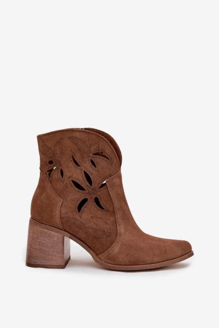 Zazoo Botki Skórzane|Botki Na Słupku*Botki Damskie Ażurowe Z Naturalnego Zamszu Na Słupku 3690 Brązowe Brązowy