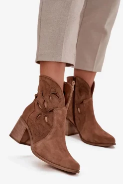 Zazoo Botki Skórzane|Botki Na Słupku*Botki Damskie Ażurowe Z Naturalnego Zamszu Na Słupku 3690 Brązowe Brązowy