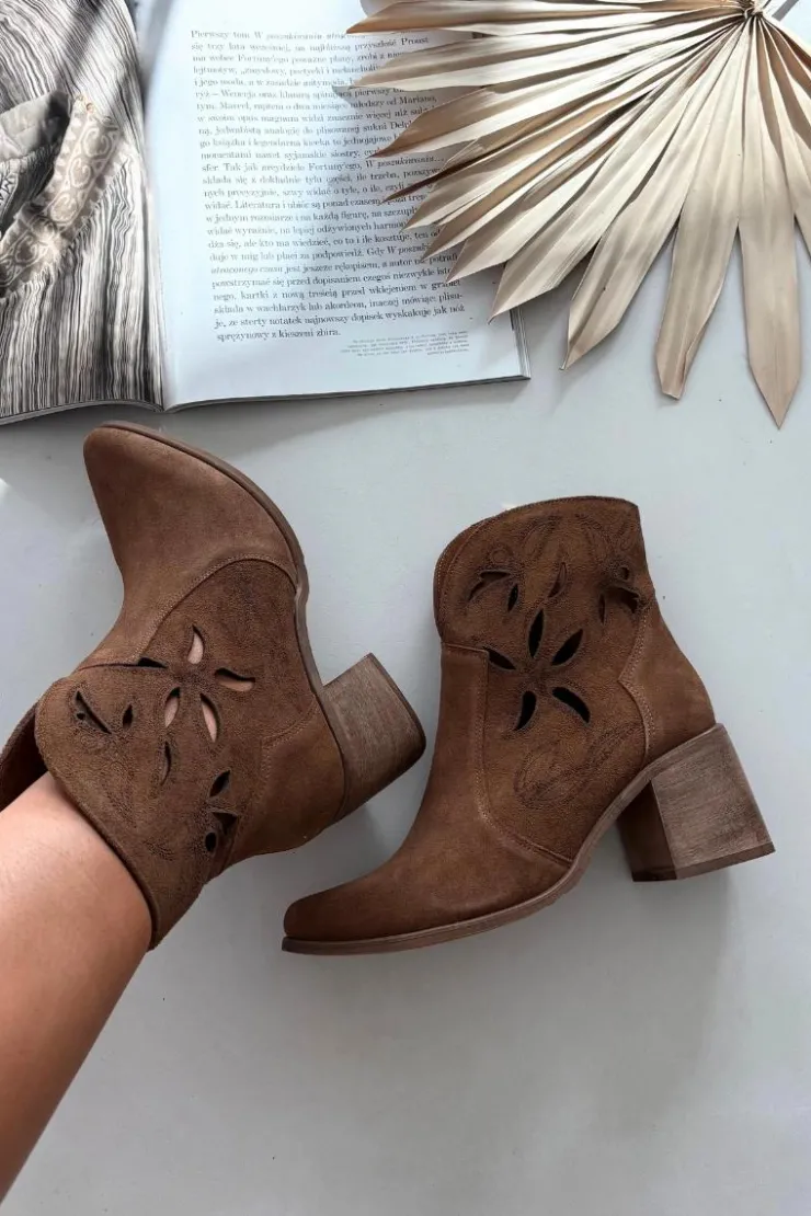 Zazoo Botki Skórzane|Botki Na Słupku*Botki Damskie Ażurowe Z Naturalnego Zamszu Na Słupku 3690 Brązowe Brązowy