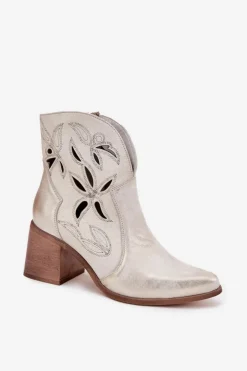 Damskie Zazoo Botki Damskie Ażurowe Z Naturalnej Skóry Na Słupku 3690 Przecierany