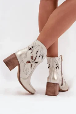 Damskie Zazoo Botki Damskie Ażurowe Z Naturalnej Skóry Na Słupku 3690 Przecierany