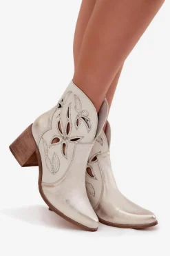 Damskie Zazoo Botki Damskie Ażurowe Z Naturalnej Skóry Na Słupku 3690 Przecierany