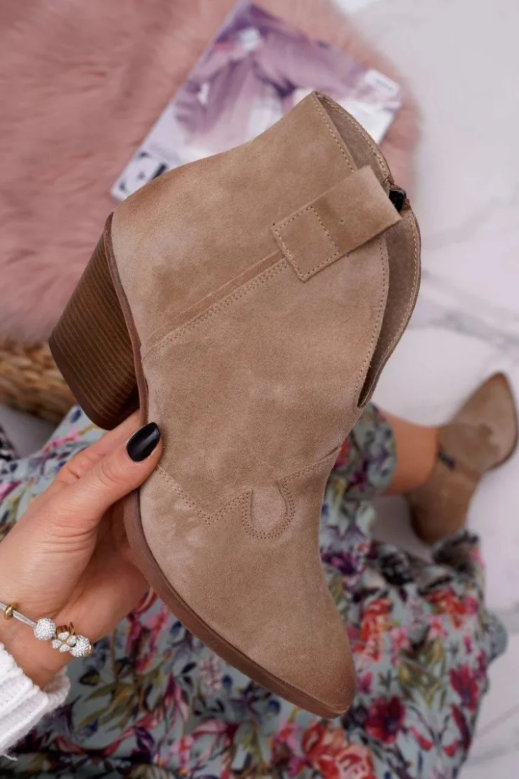 Outlet Boto Botki Damskie Beżowe Skórzane na Obcasie Chavai