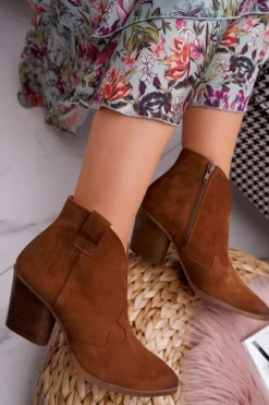 Outlet Boto Botki Damskie Brązowe Skórzane na Obcasie Chavai