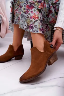 Damskie Boto Botki Damskie Brązowe Wiosenne Skórzane Anabella