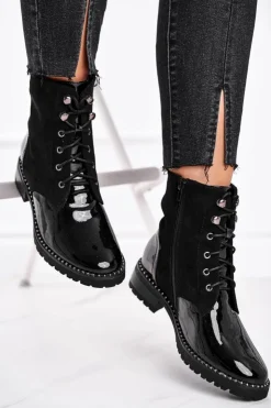 Damskie buty S.Barski Botki Sznurowane|Czarne Botki*Botki Damskie Ciepłe Czarne Thunders