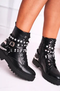 Boto Botki Sznurowane|Czarne Botki*Botki Damskie Ciepłe Dżety Łańcuchy Czarne Desire