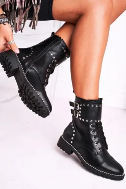 Damskie Boto Botki Damskie Ciepłe Srebrne Nity Czarne Freed