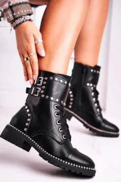 Damskie Boto Botki Damskie Ciepłe Srebrne Nity Czarne Freed