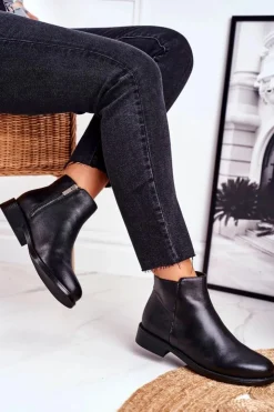 Outlet Damskie buty S.Barski Botki Damskie Ciepłe Sztyblety Płaski Obcas Skóra Czarne Fernir