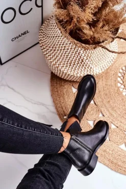 Outlet Damskie buty S.Barski Botki Damskie Ciepłe Sztyblety Płaski Obcas Skóra Czarne Fernir