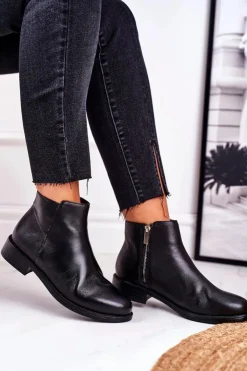 Outlet Damskie buty S.Barski Botki Damskie Ciepłe Sztyblety Płaski Obcas Skóra Czarne Fernir