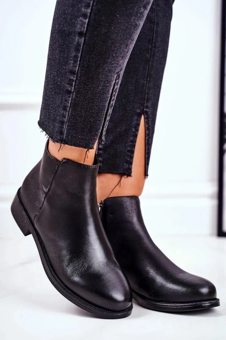 Outlet Damskie buty S.Barski Botki Damskie Ciepłe Sztyblety Płaski Obcas Skóra Czarne Fernir