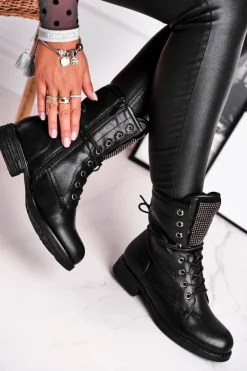 Damskie Evento Botki Damskie Ciepłe Workery Z Cyrkoniami Czarne Seven Days